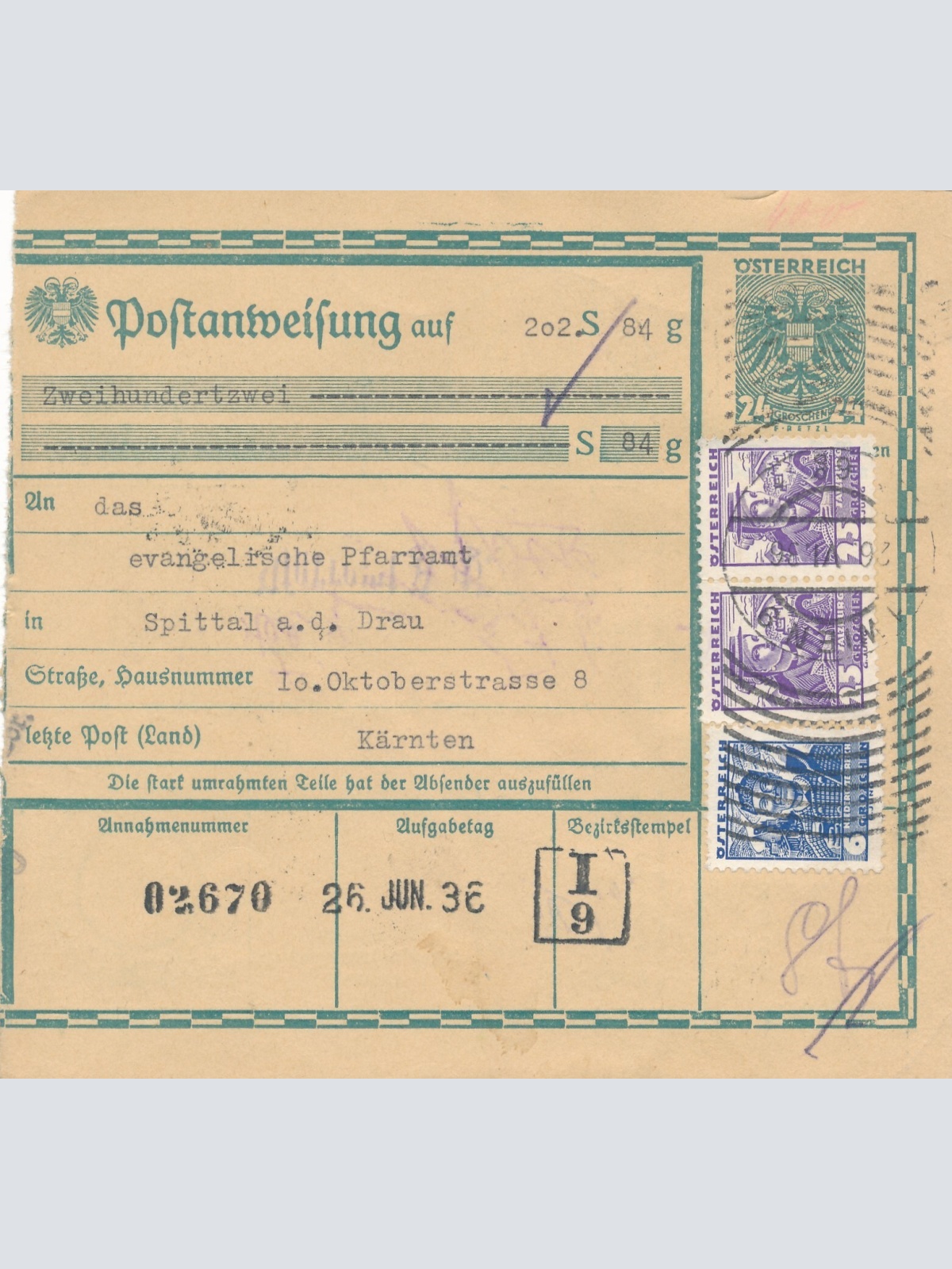24 Gr. Postanweisung 1936 aus Wien nach Spittal + Trachten Marken (10409)