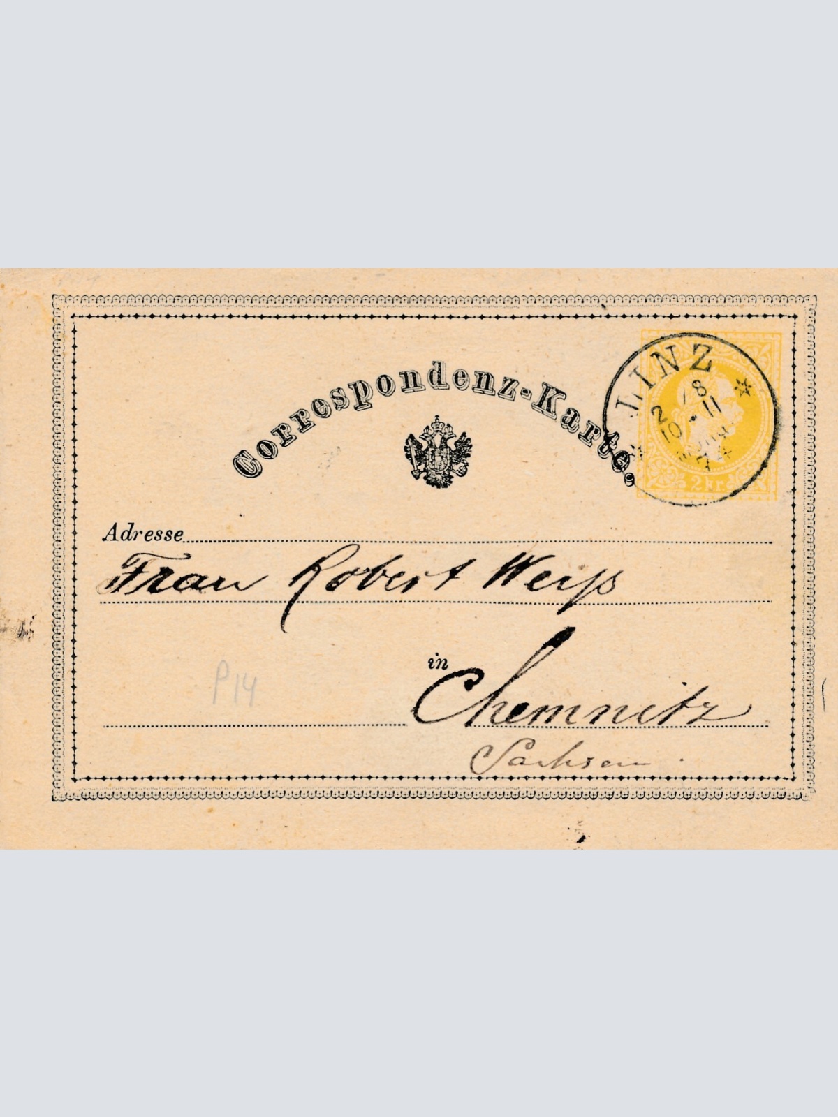 2 Kreuzer - Ganzsachen Karte 1874 aus Linz (11122)