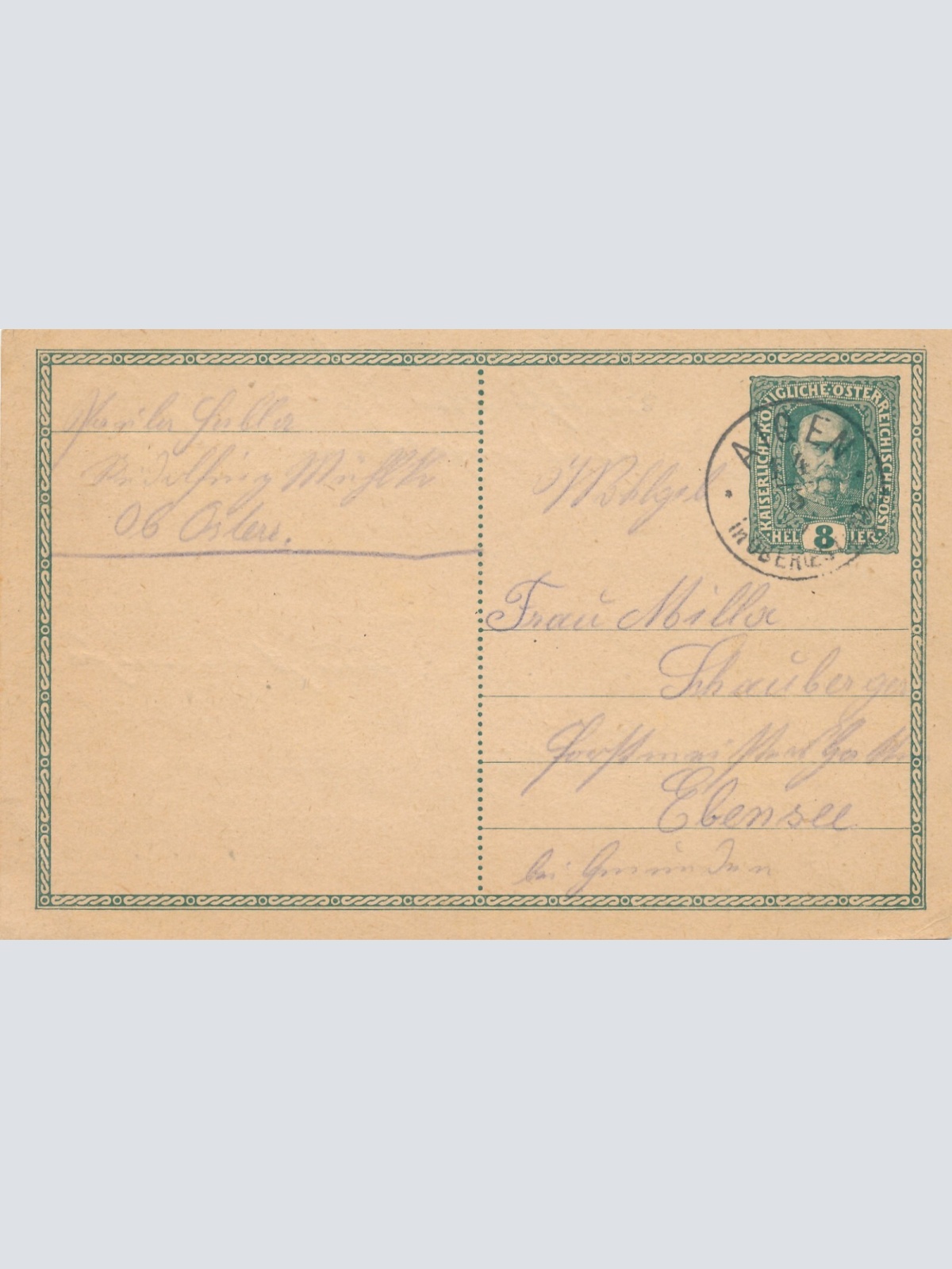 8 Heller Ganzsachen - Karte 1911 aus Aigen (11002)