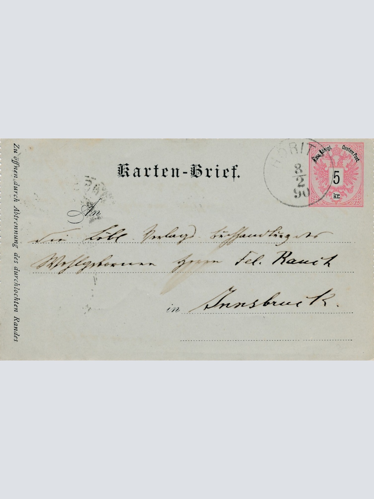 5 Kreuzer Ganzsachen - Kartenbrief 1890 aus Horitz (10994)
