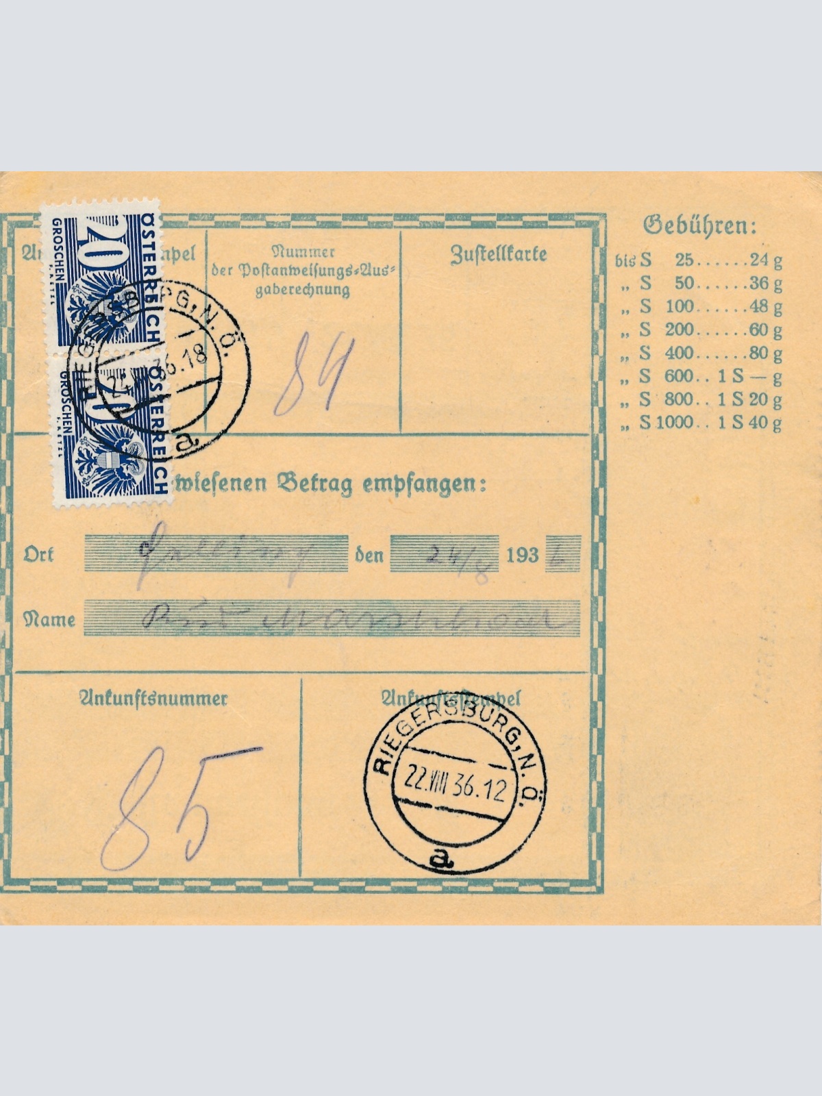 24 Gr. Postanweisung 1936 aus Wien nach Riegersburg + Trachten Marken (10435)