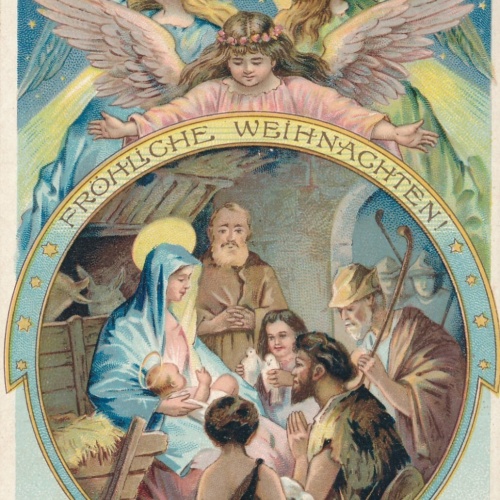 Motiv - Karte Fröhliche Weihnachten Engel wachen über Krippe  (10767)