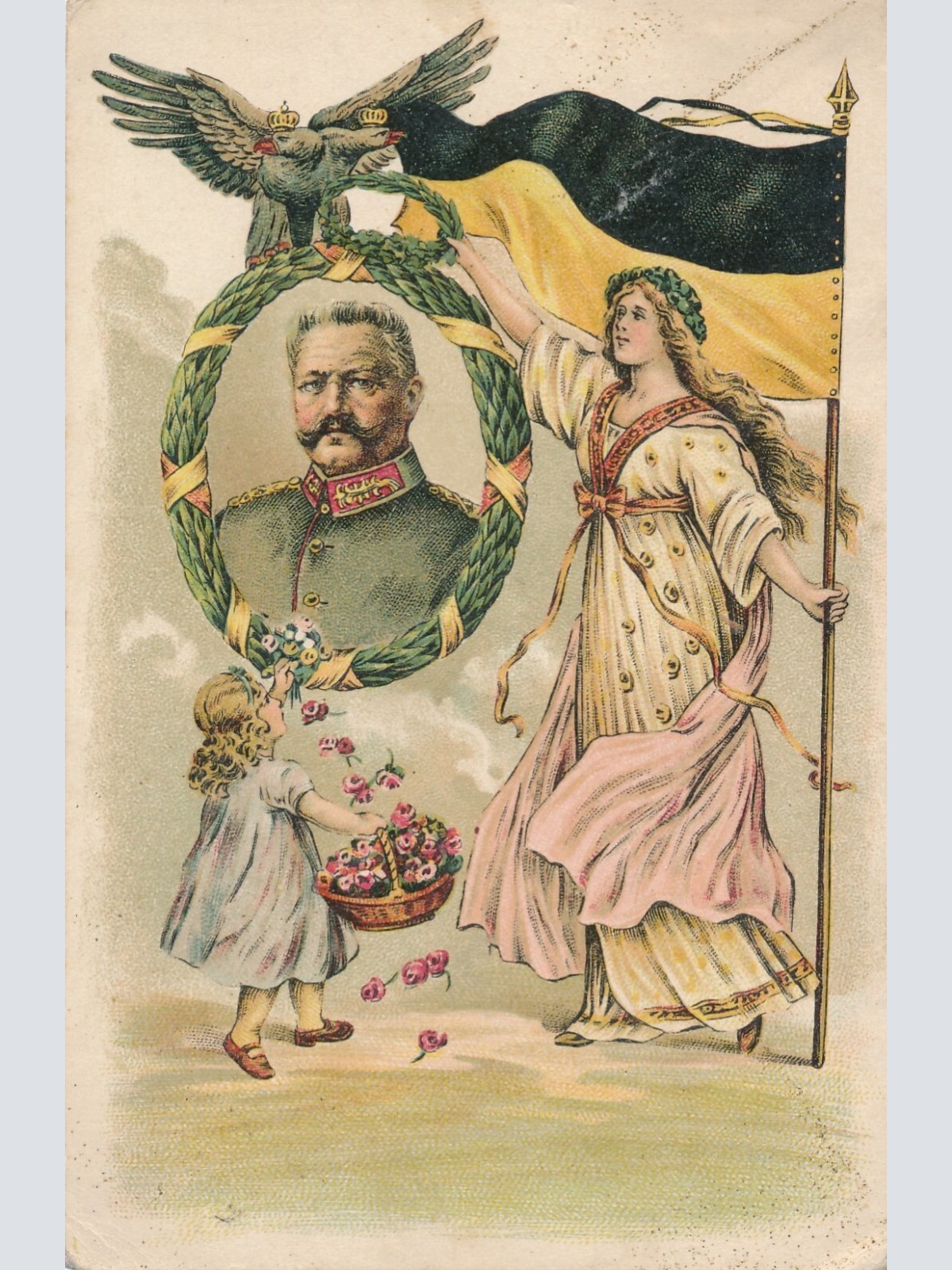 Litho - Karte von Hindenburg mit Flagge + Kind streut Blumen (10218)