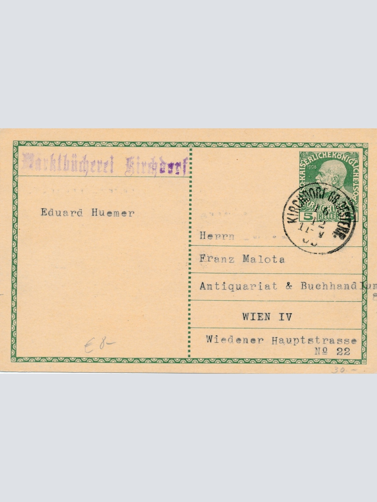 5 Heller Ganzsachen - Karte 1909 aus Kirchdorf  (11388)