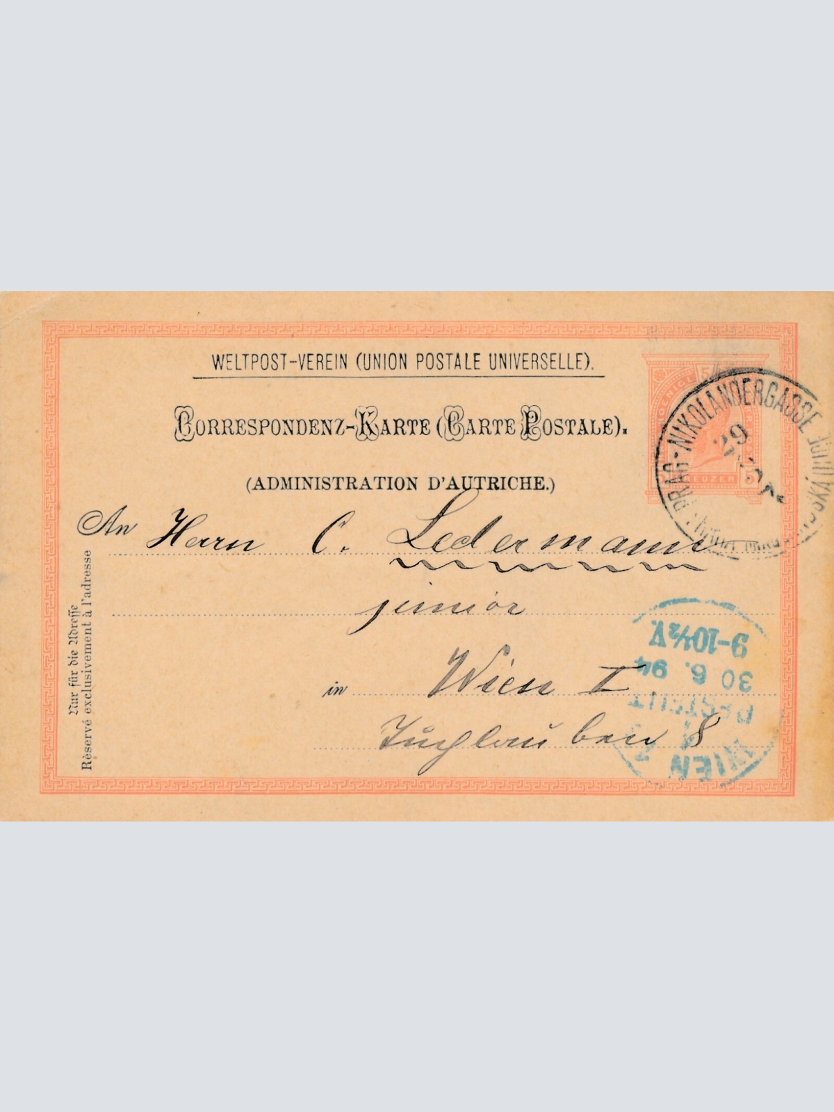 5 Kreuzer Ganzsachen - Karte 1894 aus Prag Nikolandergasse (11392)
