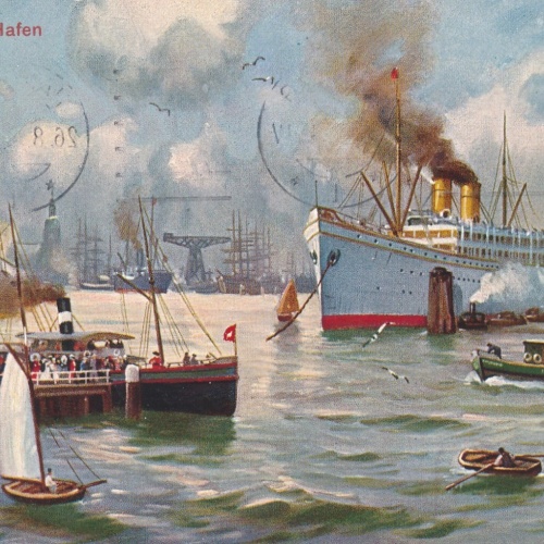 Motiv - Karte vom Hamburger Hafen mit Schiffen -Dampfer - Boote (11357)