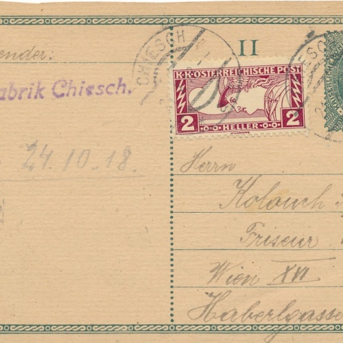 8 Heller Ganzsachen - AntwortKarte 1910 aus Chiesch + ZF Eilmarke (11394)