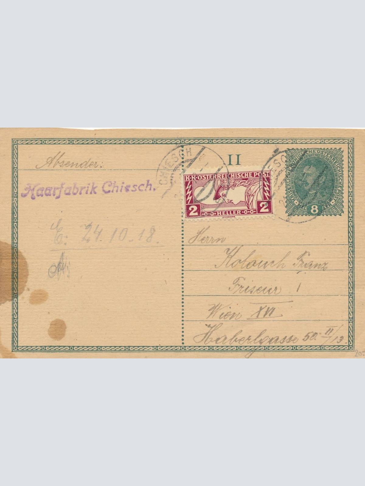 8 Heller Ganzsachen - AntwortKarte 1910 aus Chiesch + ZF Eilmarke (11394)