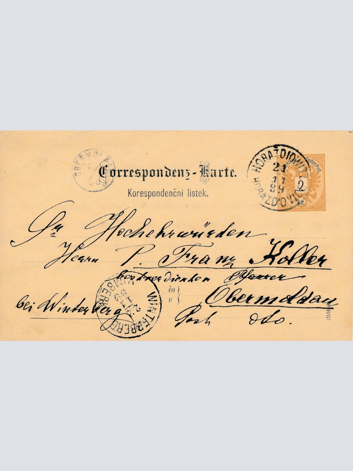 2 Kreuzer - Ganzsachen - Karte aus 1889 aus Horazdiowitz (11330)