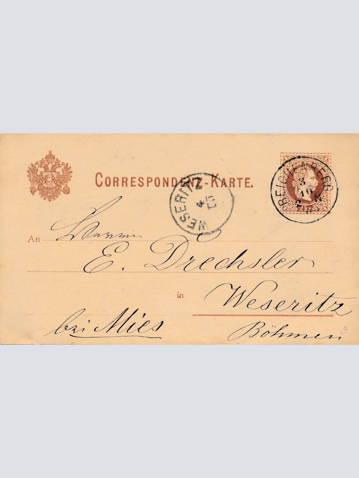 2 Kreuzer - Ganzsachen Karte 1883 aus Reichenberg (11151)