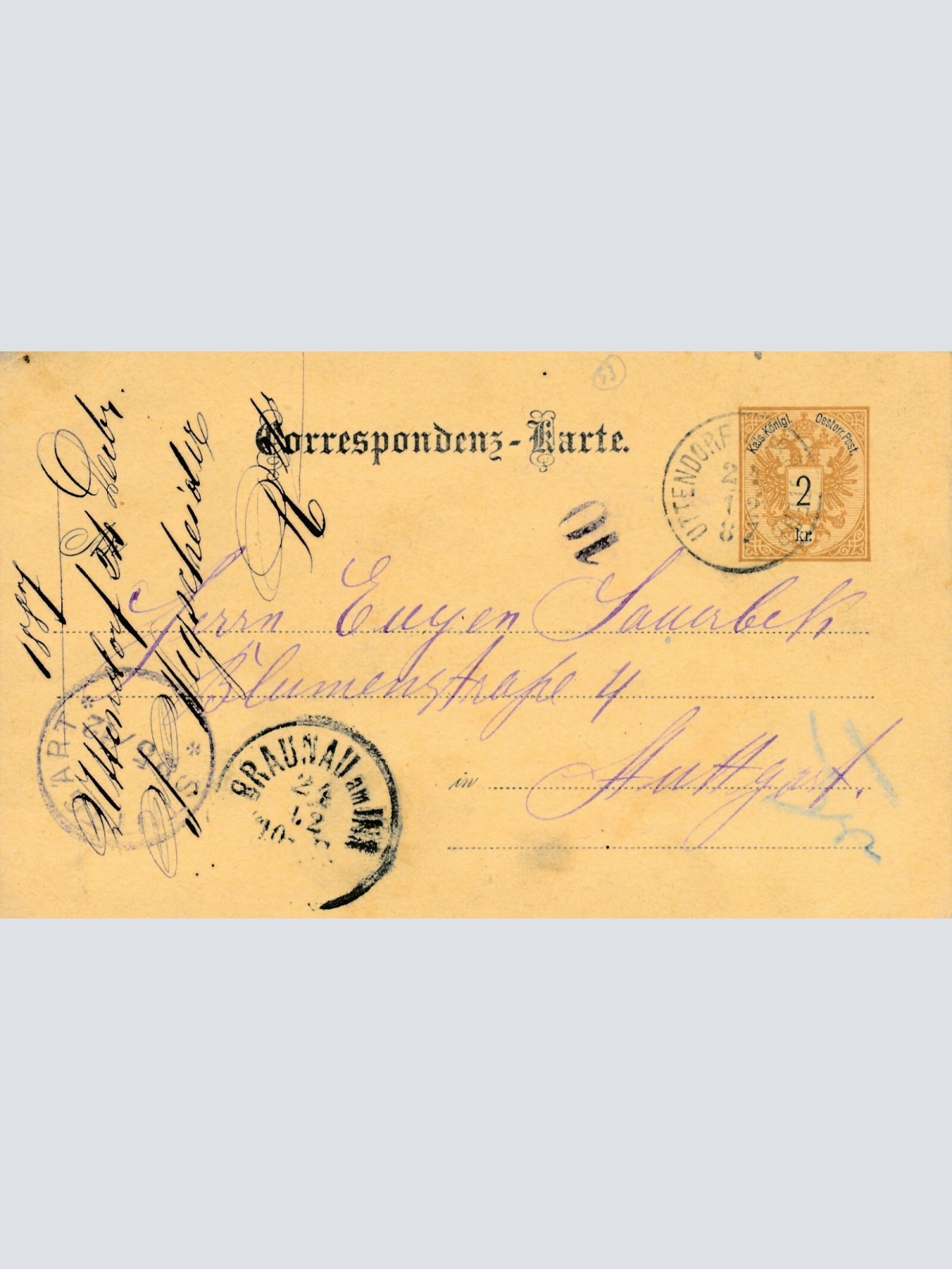 2 Kreuzer Ganzsachen - Karte 1887 aus Uttendorf (11604)