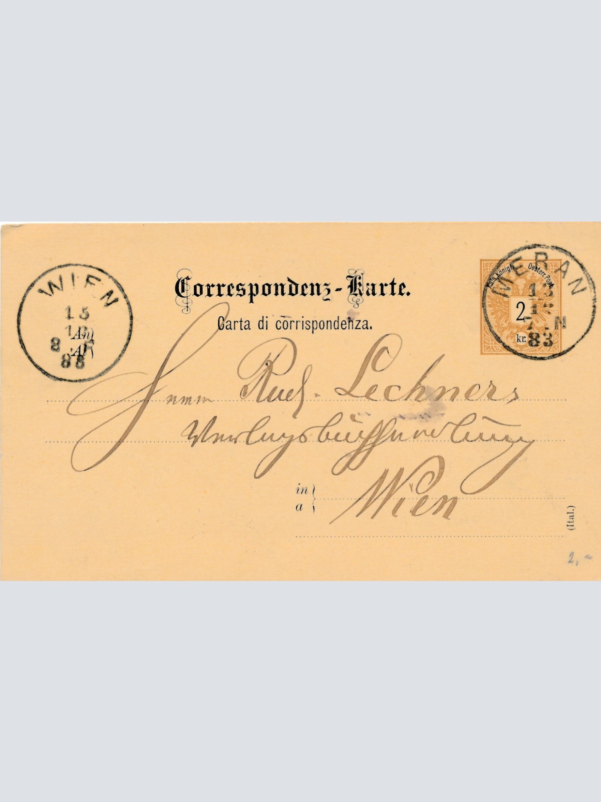 2 Kreuzer Ganzsachen - Karte (Ital) 1883 aus Meran (11599)