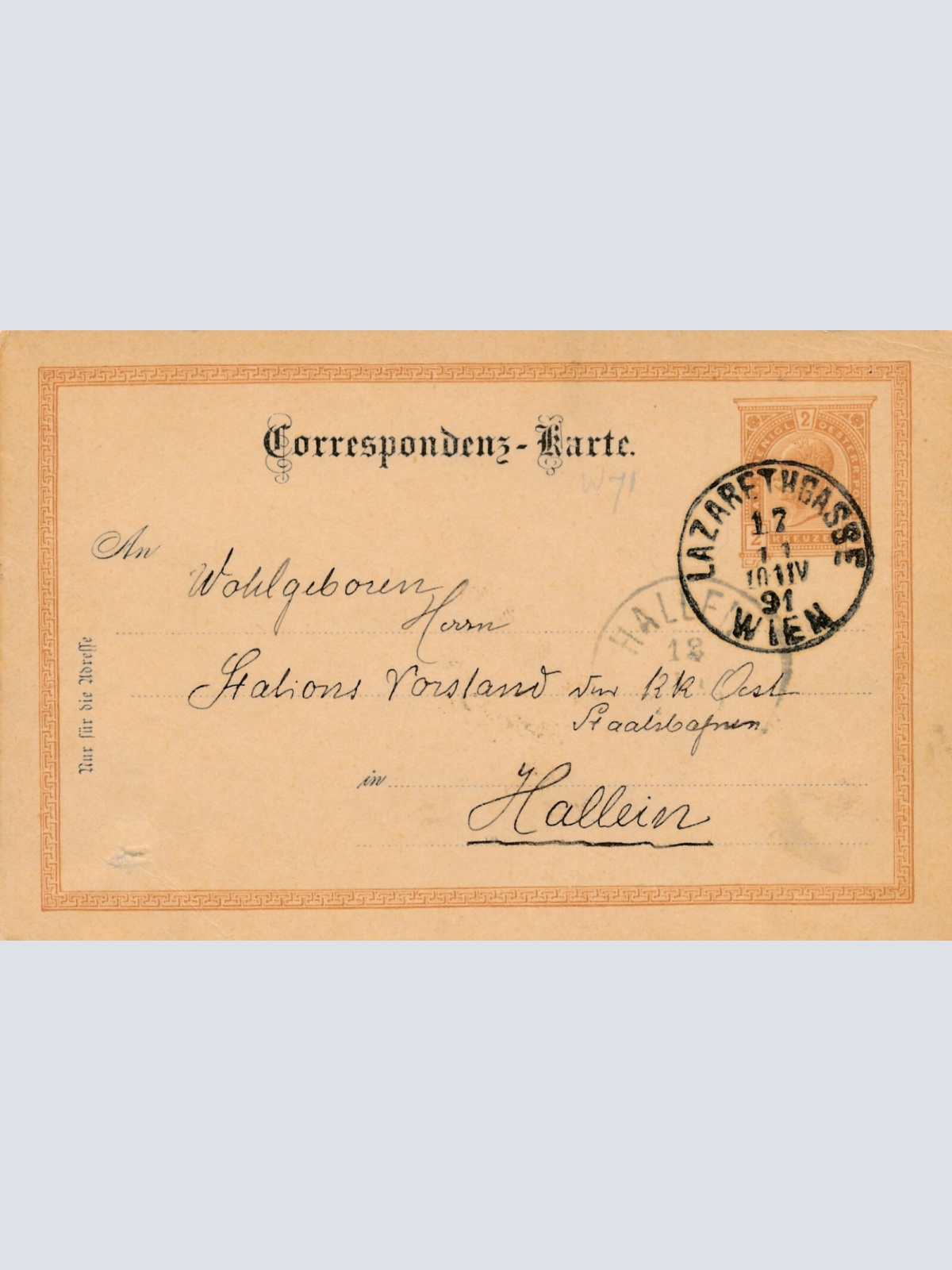 2 Kreuzer Ganzsachen - Karte 1891 aus Wien Lazarethgasse (11173)