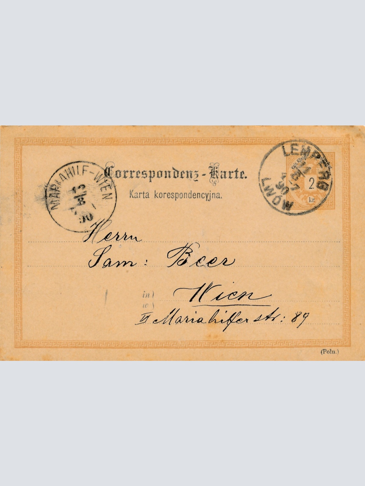 2 Kreuzer Ganzsachen - Karte (Poln) 1890 aus Lemberg (11600)