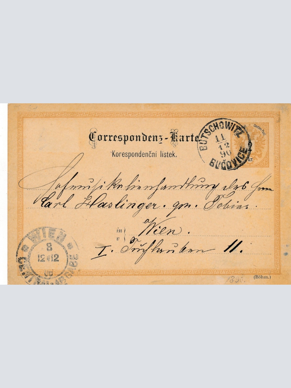 2 Kreuzer Ganzsachen - Karte (Böhm) 1890 aus Butschowitz (11602)