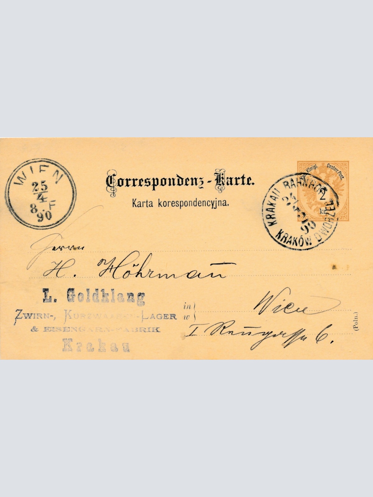 2 Kreuzer Ganzsachen - Karte 1890 aus Krakau Bahnhof (11189)