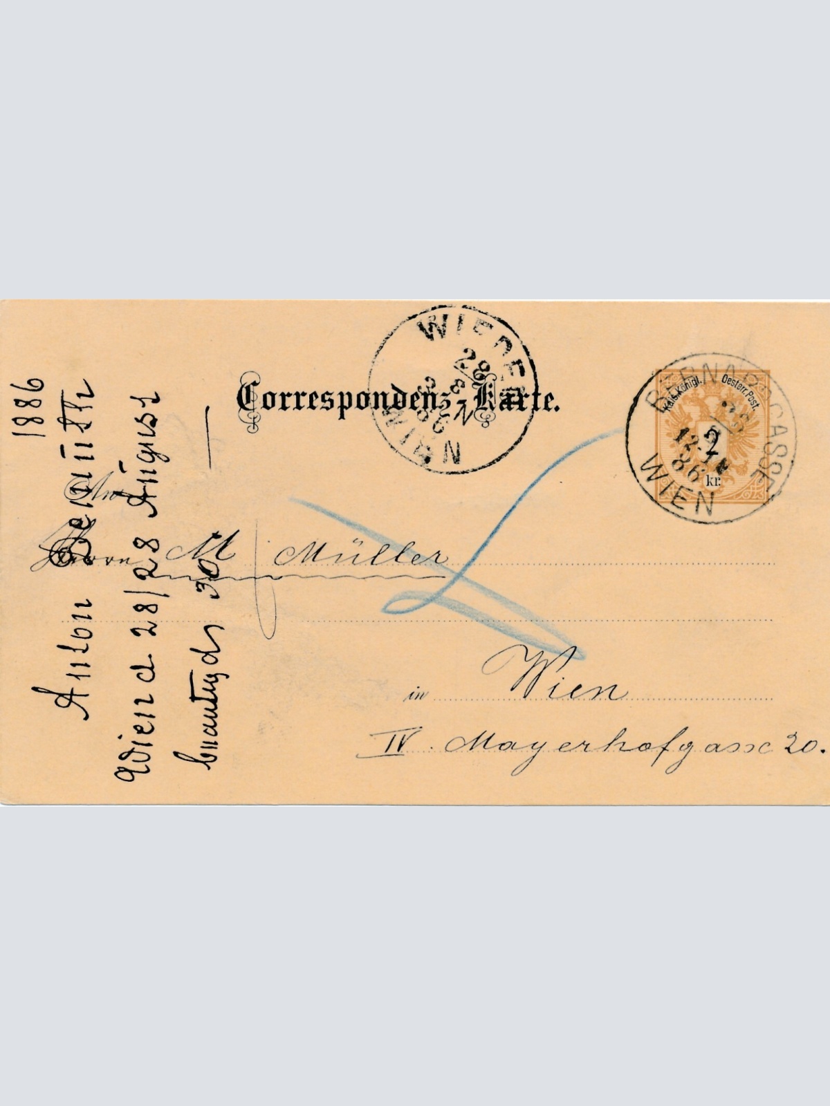 2 Kreuzer Ganzsachen - Karte 1886 aus Wien Bernardgasse (11192)