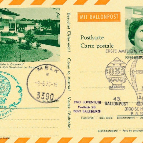 43. Ballonpost St. Pölten auf Bildpostkarte 1970 Seekirchen (11495)