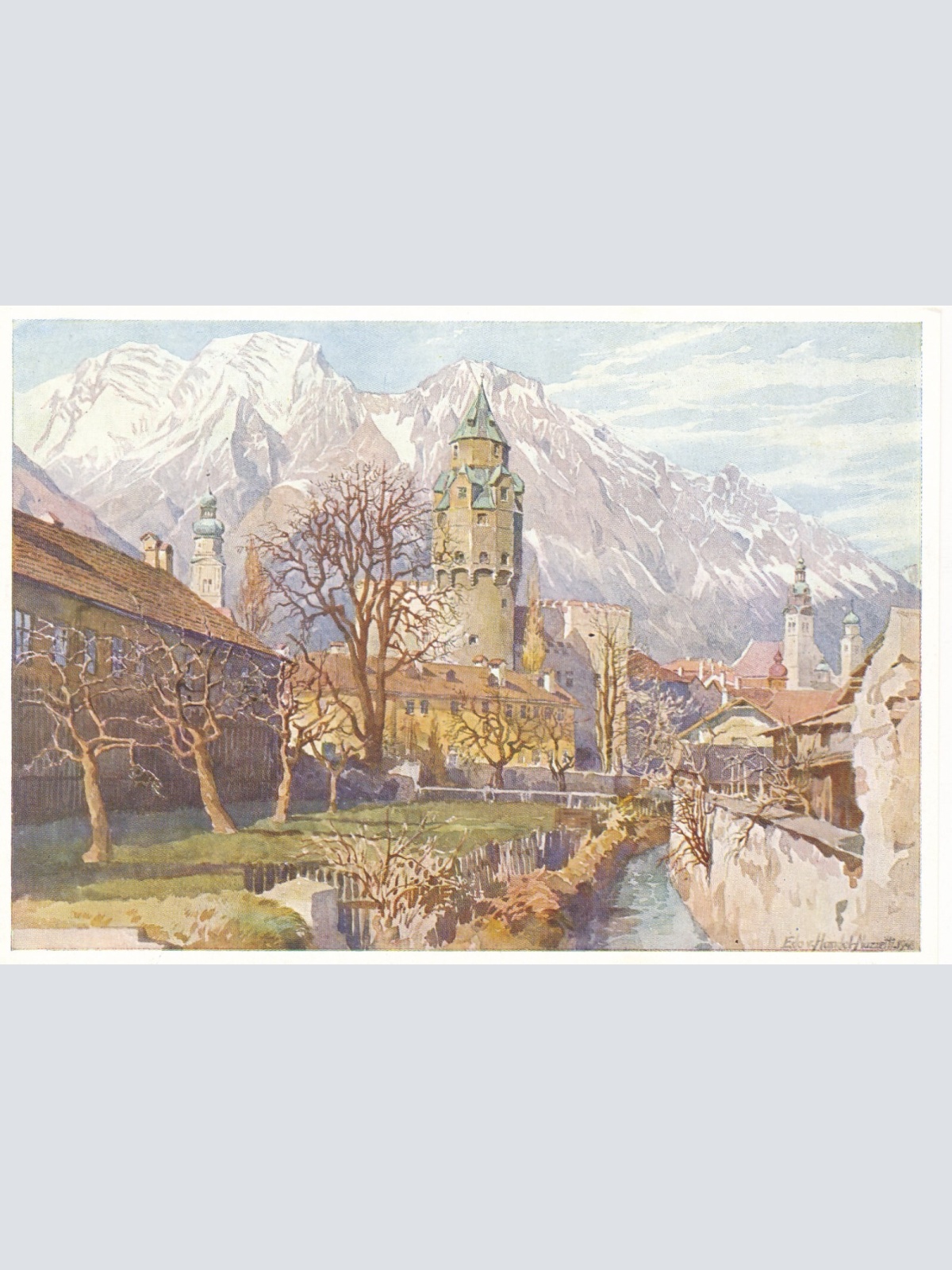 AK Künstlerserie aus Sollbad hall bei Innsbruck Münzerturm Ansichtskarte (11778)
