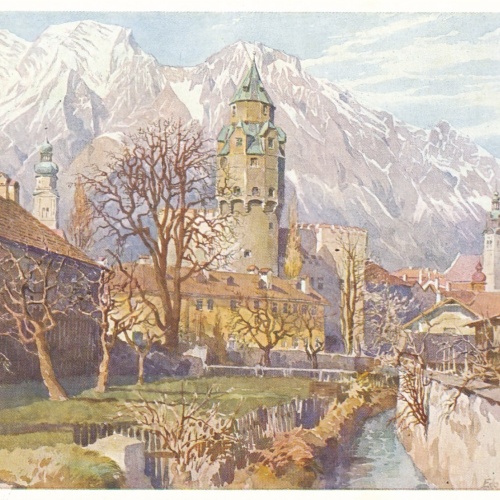 AK Künstlerserie aus Sollbad hall bei Innsbruck Münzerturm Ansichtskarte (11778)