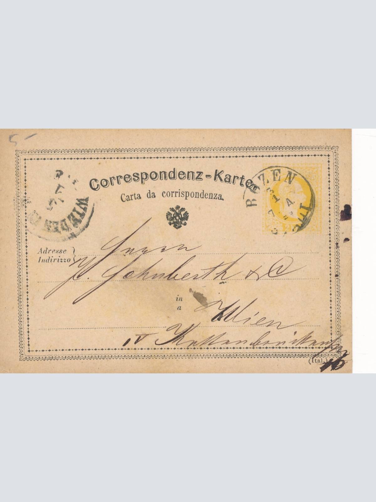 2 Kreuzer - Ganzsachen - Karte 1875 aus Bozen (12281)