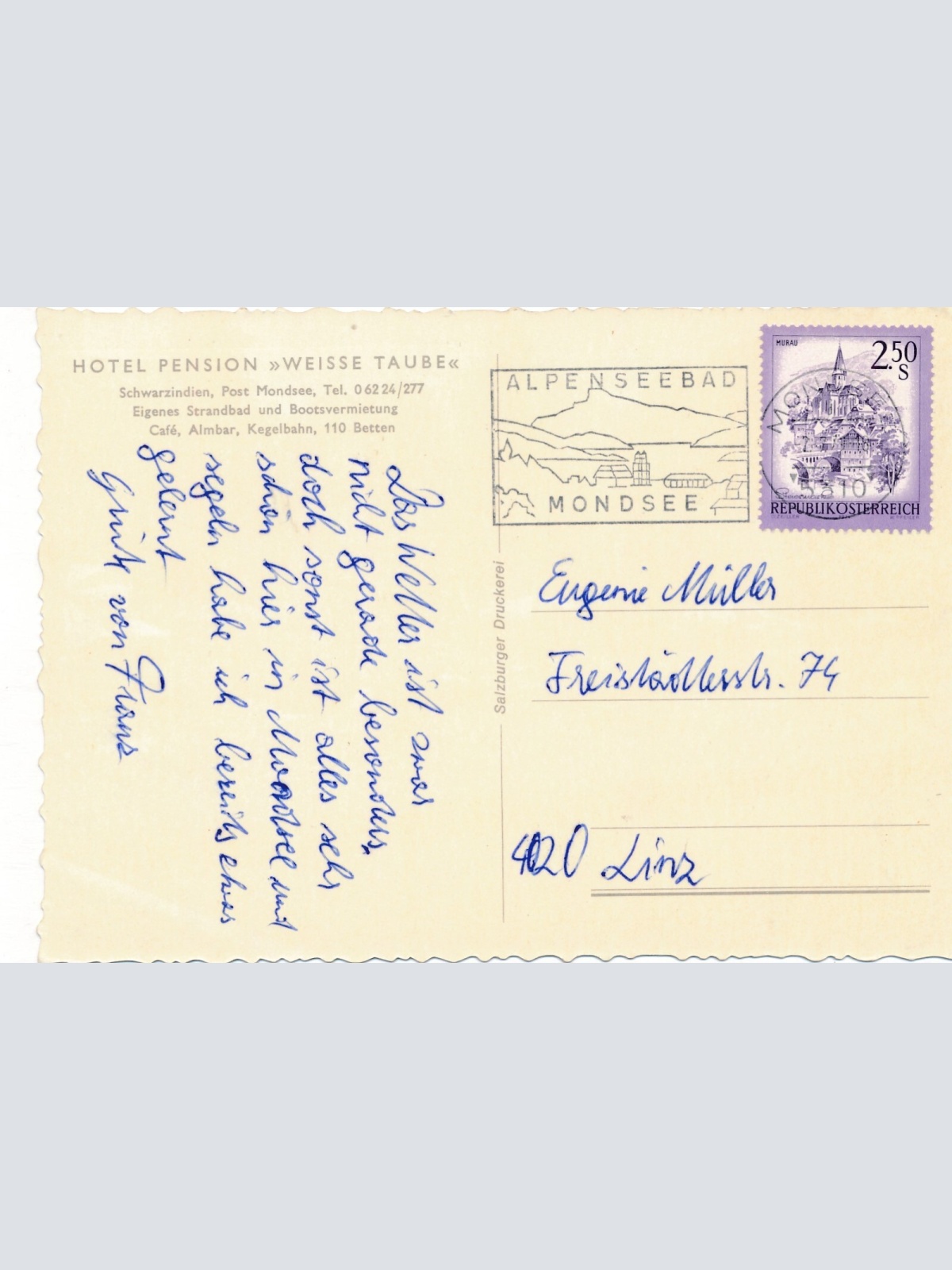 AK aus Mondsee mit  Pension  Weisse Taube Oberösterreich Ansichtskarte (J321)