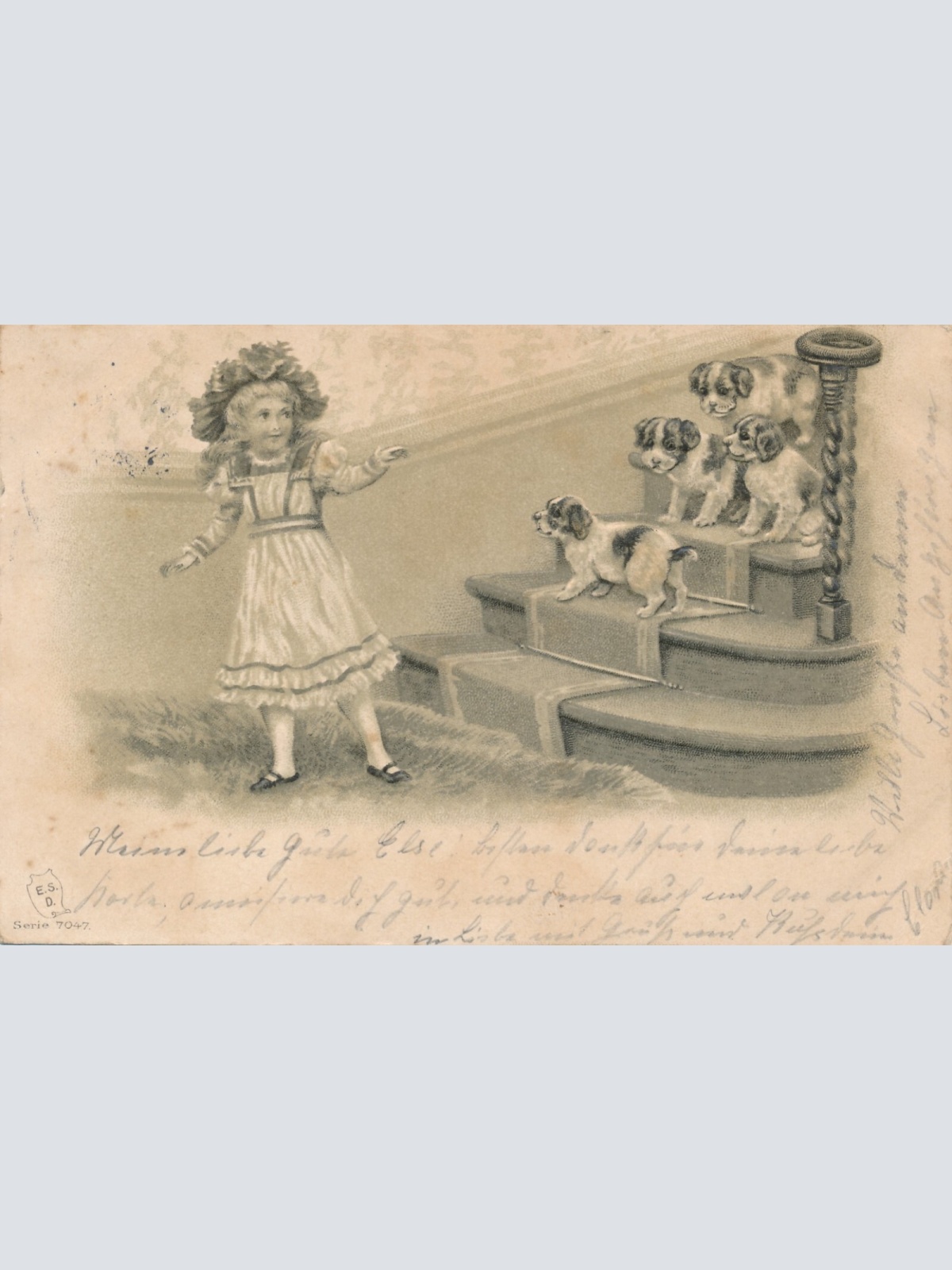 Präge - Motiv - Karte Mädchen mit Hunden Ansichtskarte (11480)