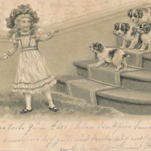 Präge - Motiv - Karte Mädchen mit Hunden Ansichtskarte (11480)