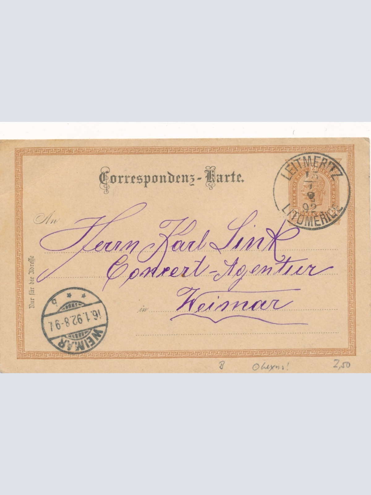 2 Kreuzer Ganzsachen - Karte 1892 aus Leitmeritz (12528)