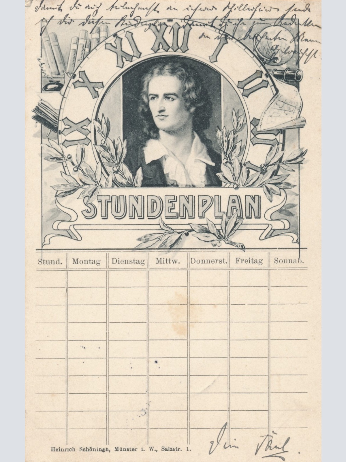 Stundenplan - Motiv - Karte mit Sonnenuhr und Schiller (11482)