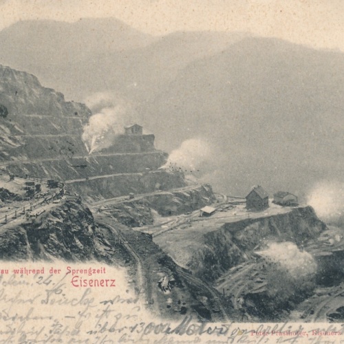 AK aus Eisenerz während Sprengzeit Steiermark Ansichtskarte (12607)