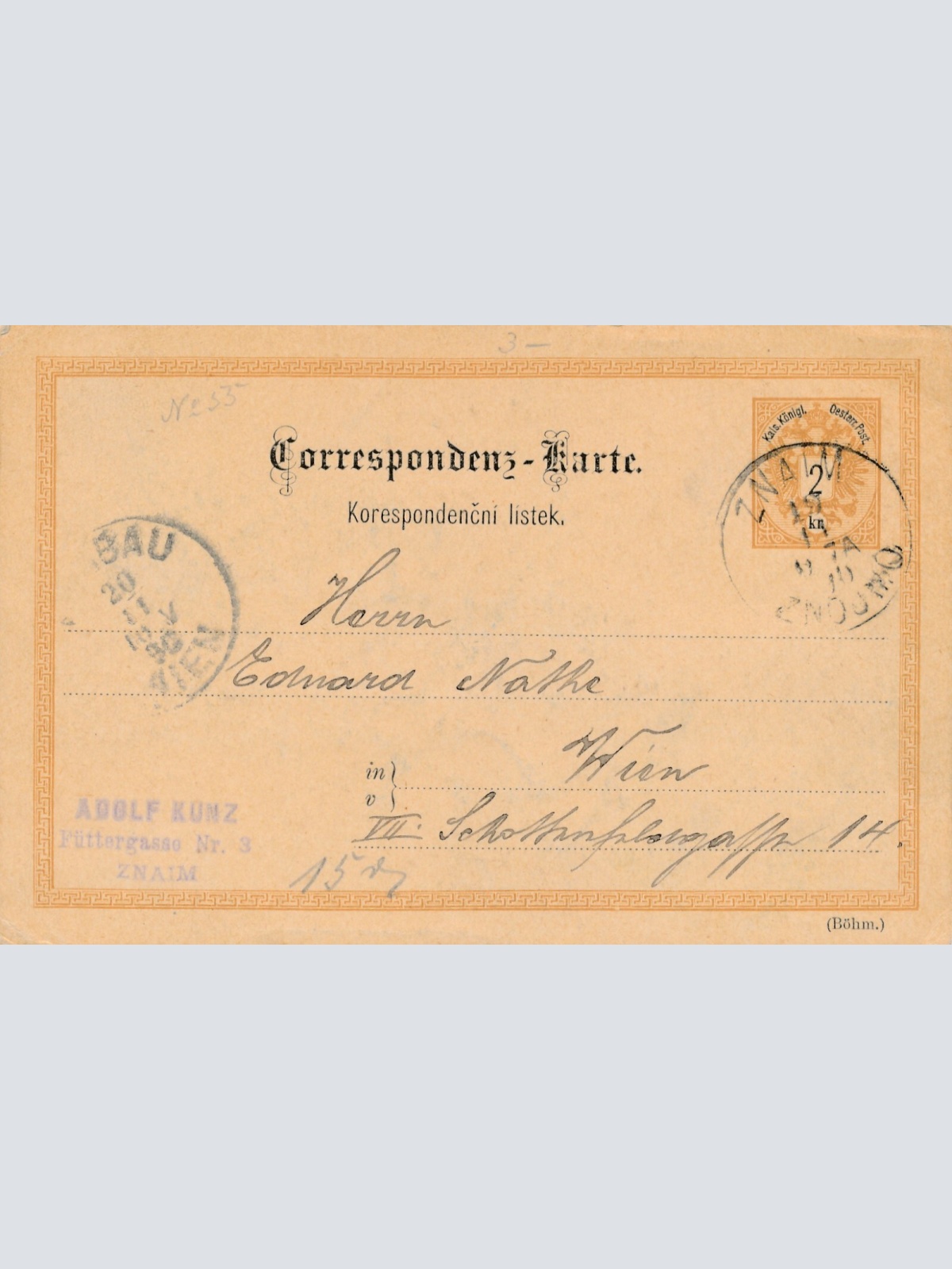 2 Kreuzer - Ganzsachen - Karte 1890 aus Znaim (12292)