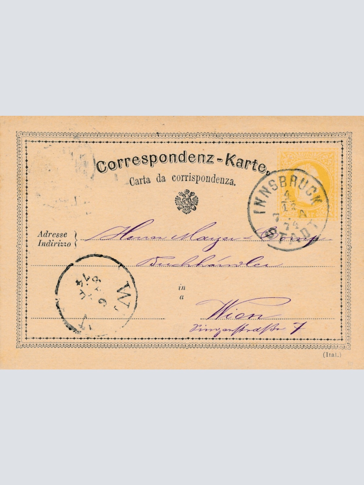 2 Kreuzer - Ganzsachen - Karte 1874 aus Innsbruck (12283)