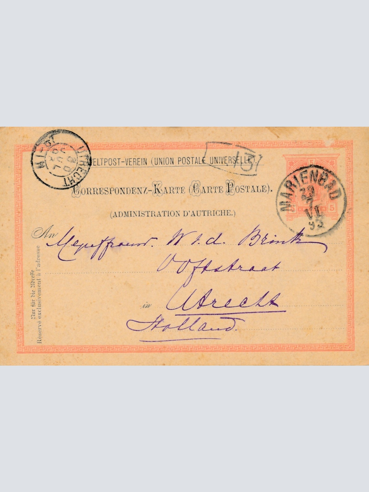 5 Kreuzer - Ganzsachen - Karte 1893 aus Marienbad (12318)