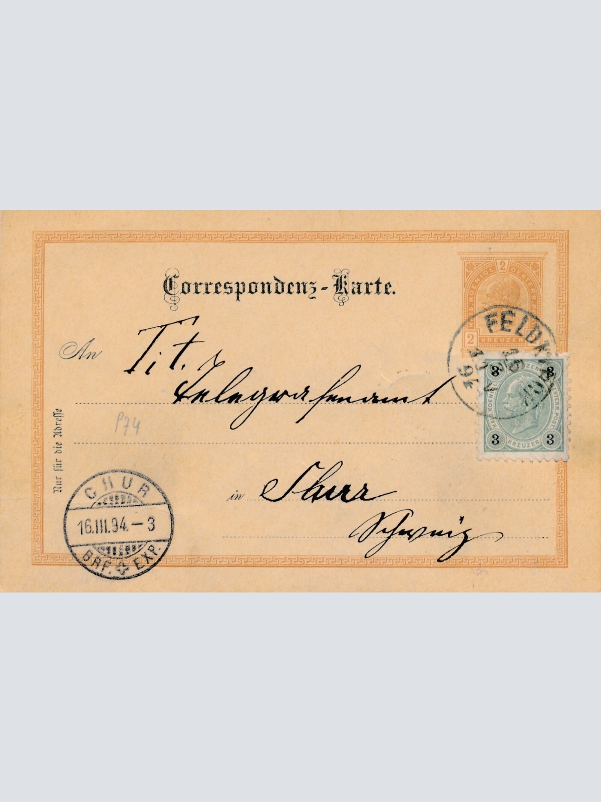 2 Kreuzer - Ganzsachen - Karte 1894 aus Feldkirch + 3 Kreuzer ZF (12305)