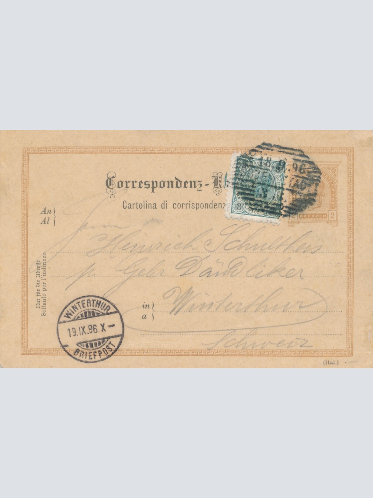 2 Kreuzer - Ganzsachen - Karte 1896 aus Bozen Stadt + 3 Kreuzer ZF (12306)