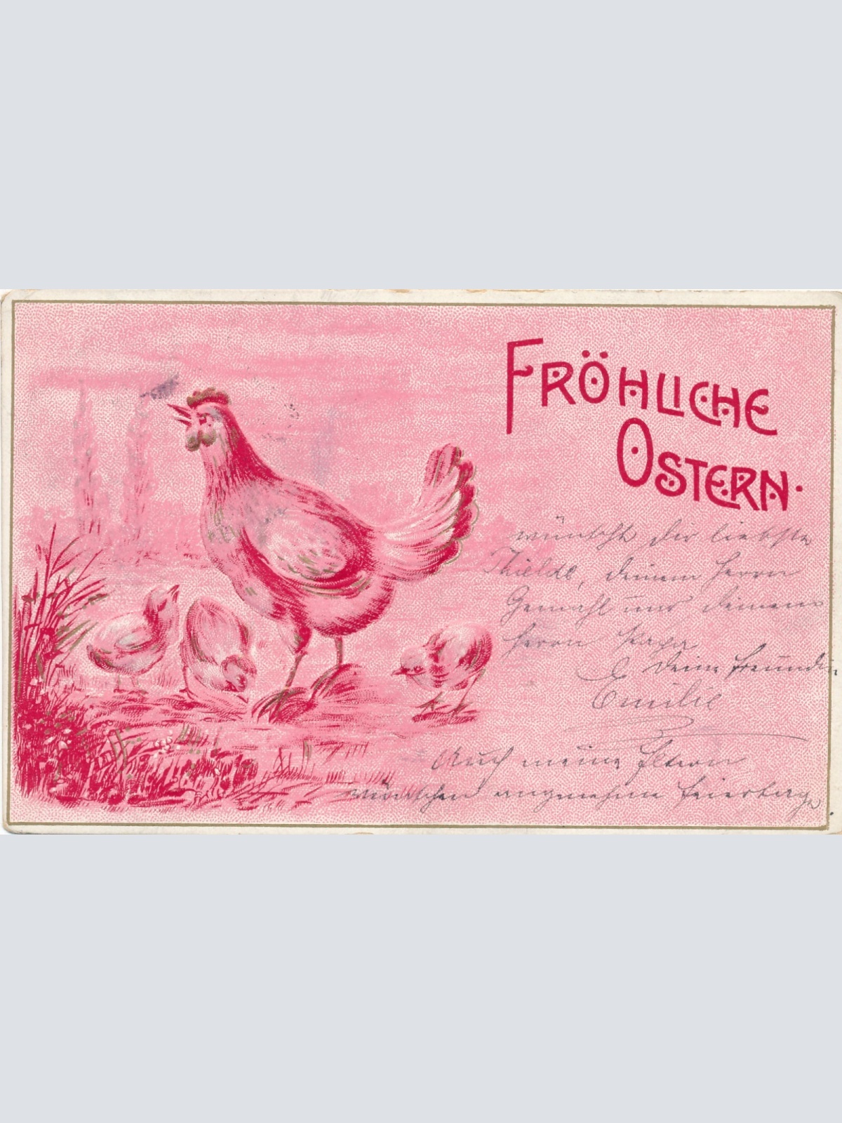 Präge - Motiv - Karte Fröhliche Ostern Henne mit Kücken Ansichtskarte (11851)