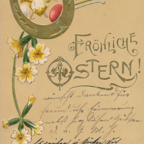 Präge - Motiv - Karte Frohe Ostern mit Hufeisen und Kücken Ansichtskarte (12654)