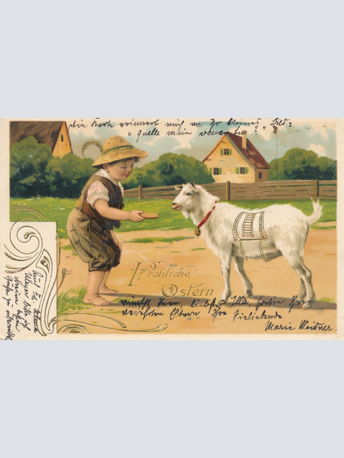 Präge - Motiv - Karte Fröhliche Ostern Junge mit Schaf Ansichtskarte (11848)