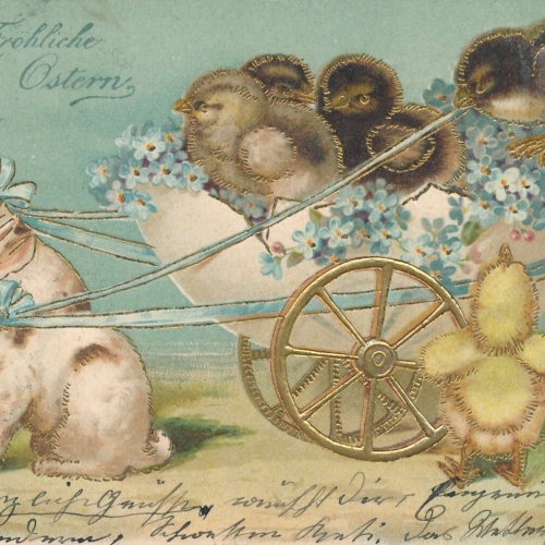 Präge - Motiv - Karte Fröhliche Ostern Hasen Kutsche Ansichtskarte (11853)