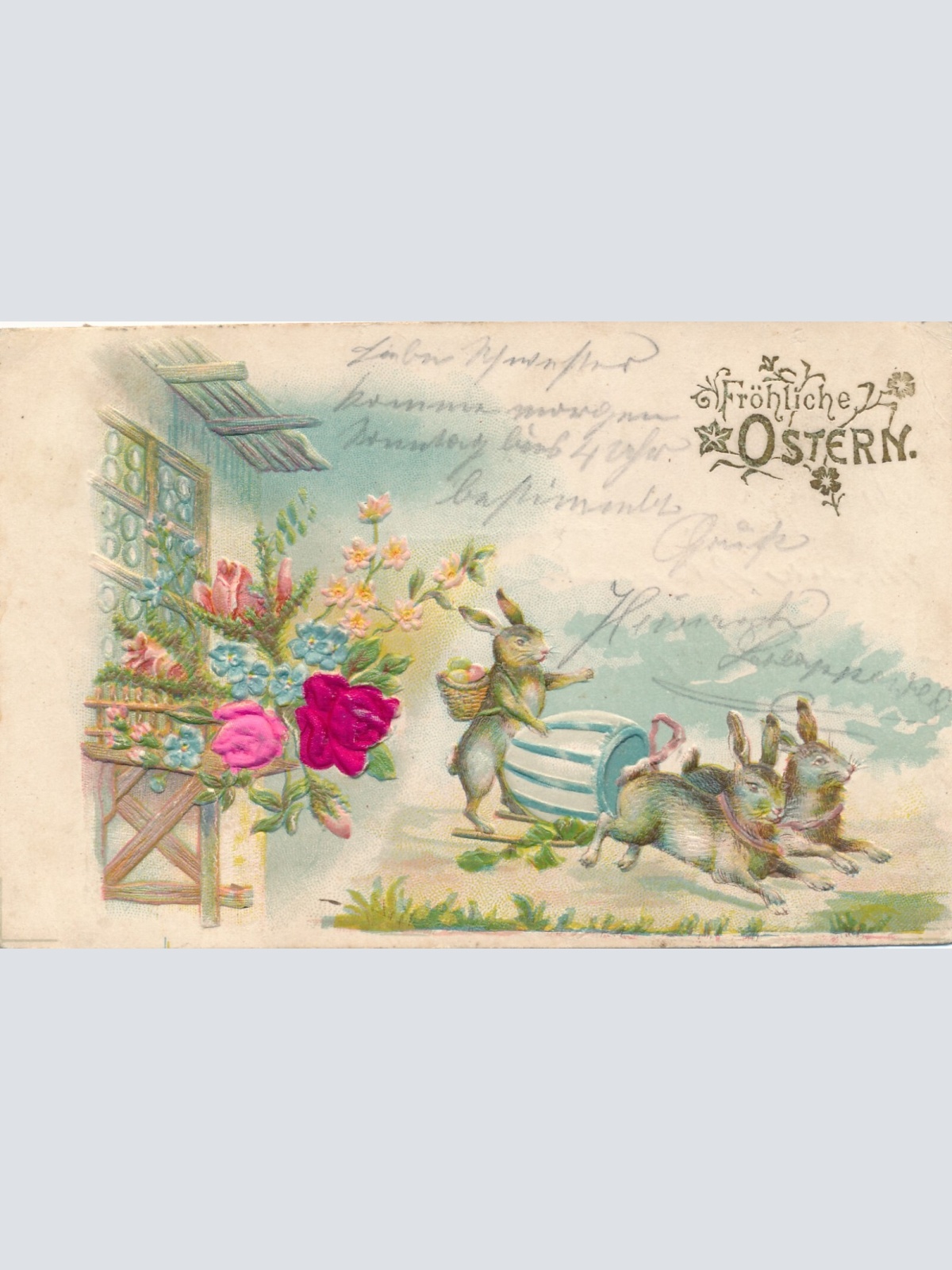 Stoff - Präge - Motiv - Karte Frohe Ostern mit Hasen Ansichtskarte (12657)