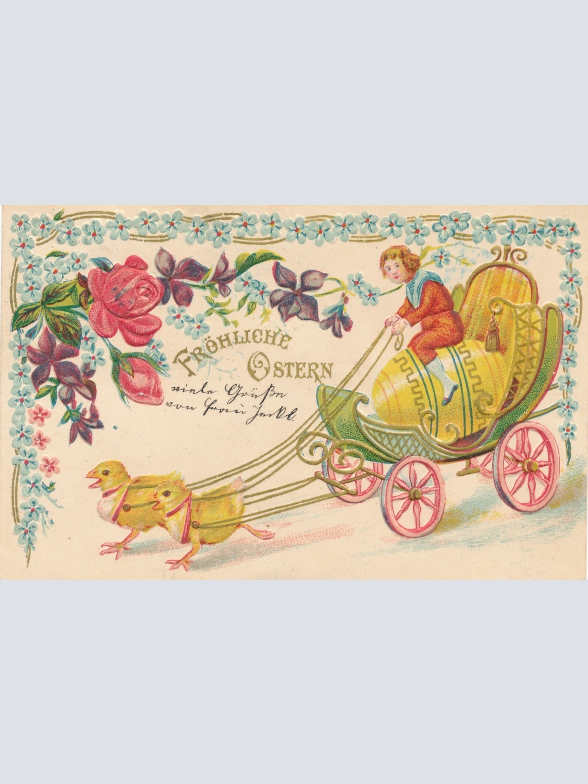 Präge - Motiv - Karte Fröhliche Ostern Kücken Kutsche Ansichtskarte (11852)