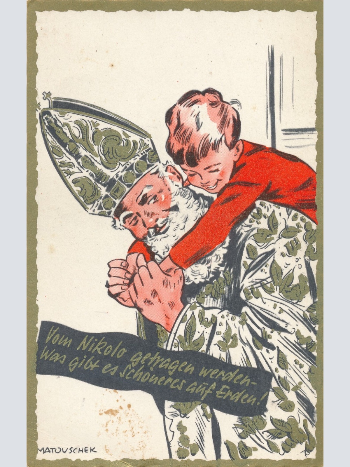 Motiv - Karte vom Nikolo Nikolaus mit Kind am Rücken (11343)