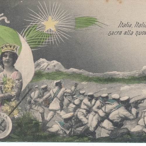 AK aus Italien Frau mit Italienischer Flagge + Soldaten Sacra alla nuova (13096)