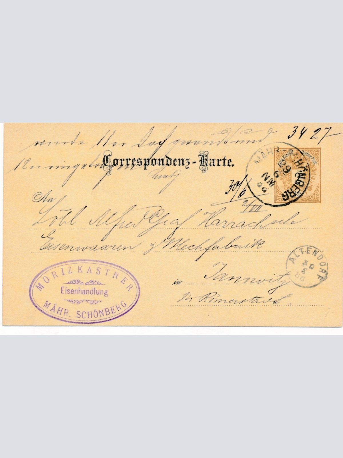 2 Kreuzer - Ganzsachen - Karte 1888 aus Mähr. Schönberg (13359)