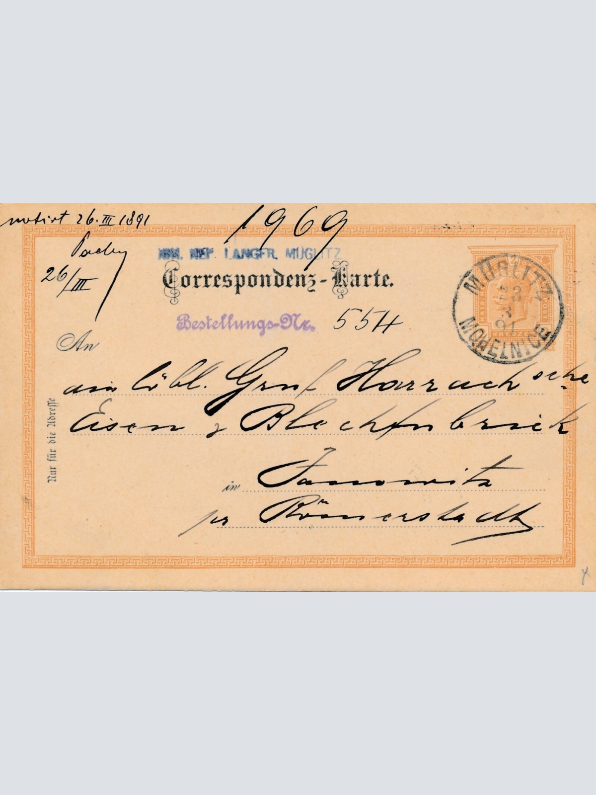 2 Kreuzer - Ganzsachen - Karte 1891 aus Müglitz Mohelnice (13354)