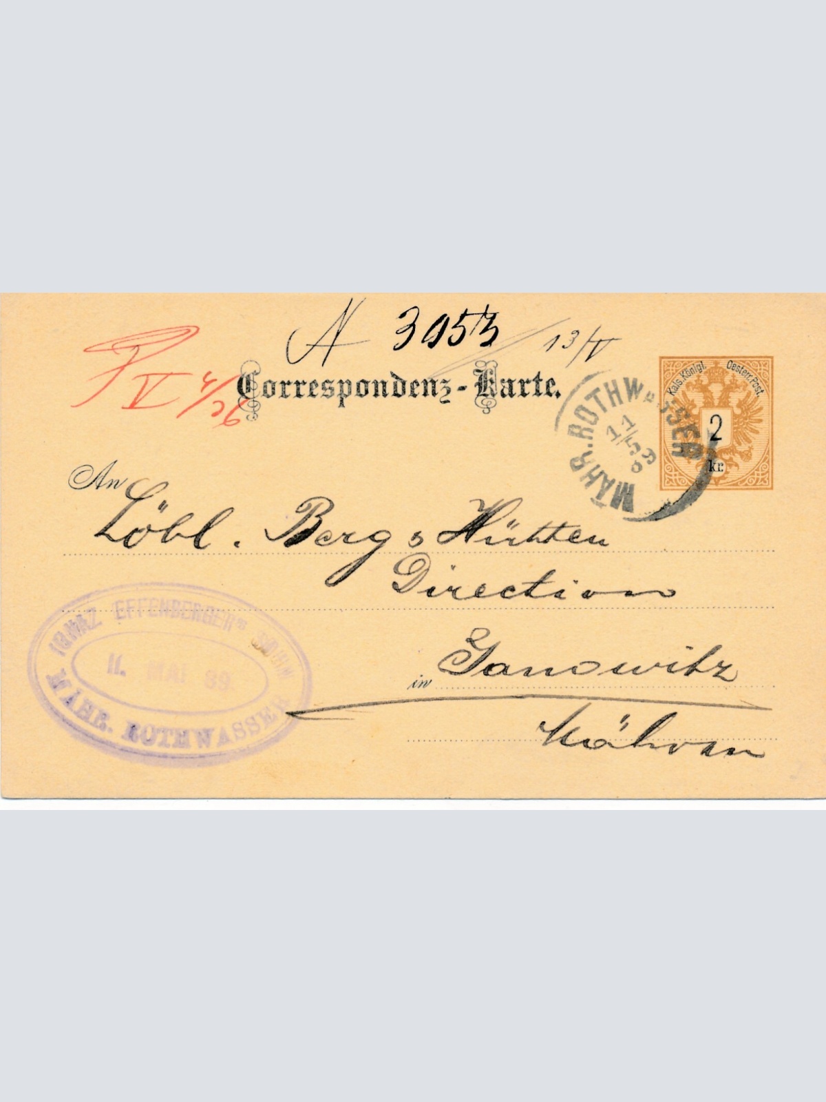2 Kreuzer - Ganzsachen - Karte 1889 aus Mähr. Rothwasser (13357)