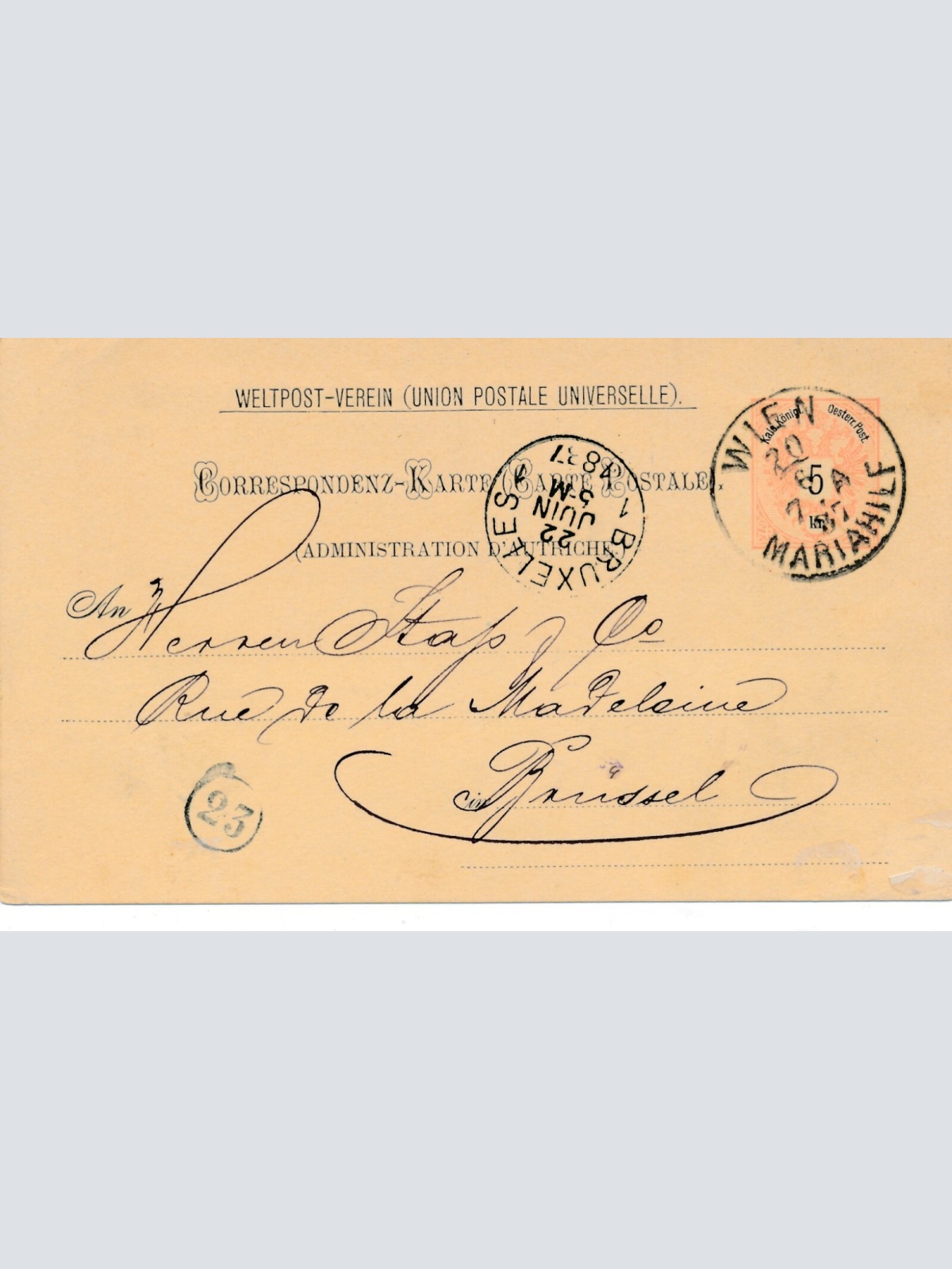 2 Kreuzer - Ganzsachen - Karte 1887 aus Wien Mariahilf (13558)