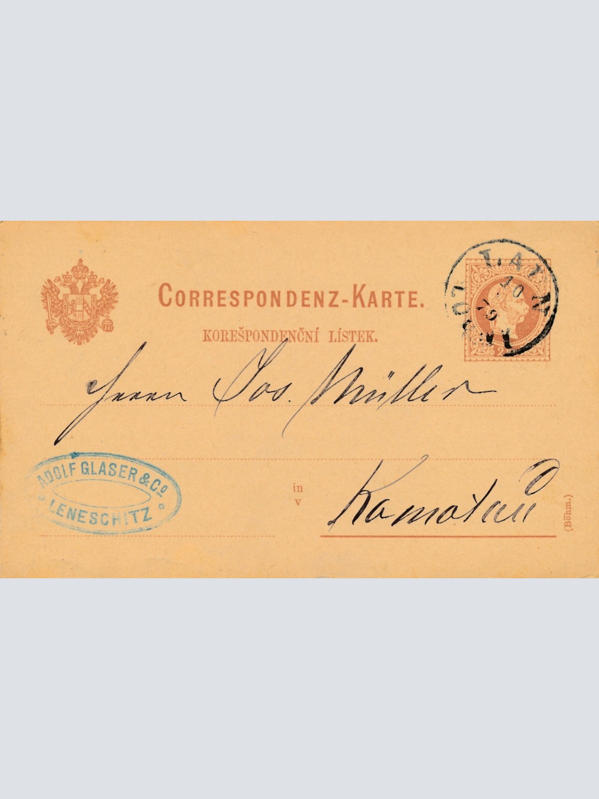 2 Kreuzer - Ganzsachen - Karte 1874 aus Laun (13579)