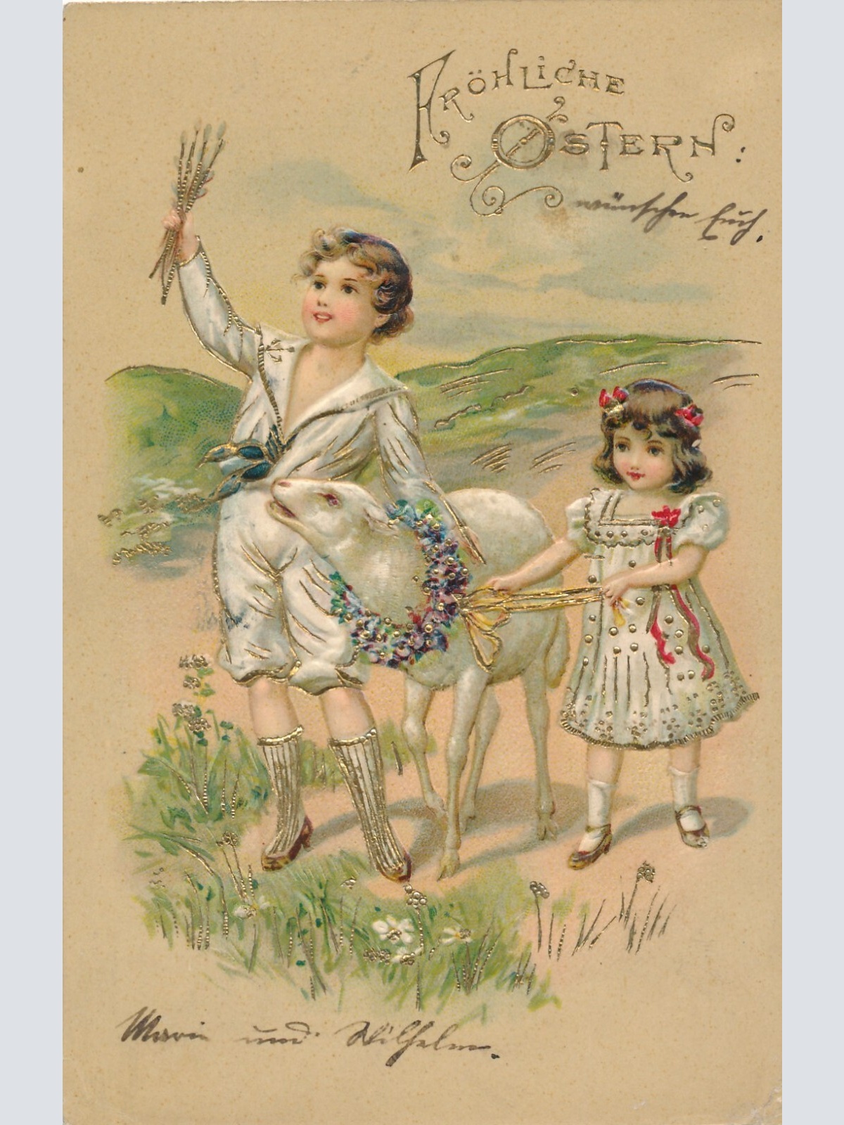 Präge - Motiv - Karte Frohe Ostern zwei Kinder mit Lamm Ansichtskarte (13258)